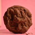 Petite Pleasure Double chocolate cookie, sea salt topping with soft gooey center on a pink background photography.