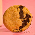 Petite Pleasure center filled chocolava cookie, sea salt topping with soft gooey center on a pink background photography.
